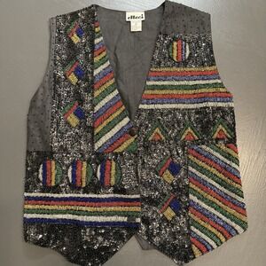 VTG 90s Effeci Heavily Beaded Vest Whimsigoth Artsy Hippie Boho Maximalist Large